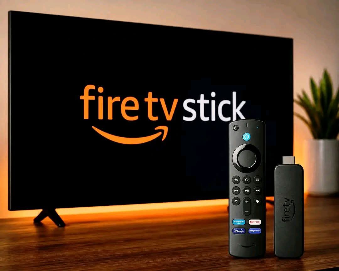 Amazon Fire Stick on a smart TV with remote and streaming stick