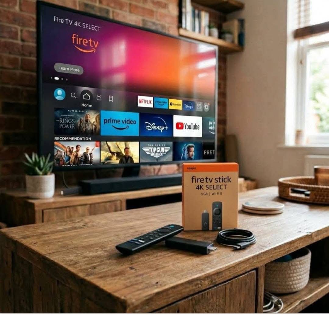 Amazon Fire Stick 4K home screen with box and remote in a living room